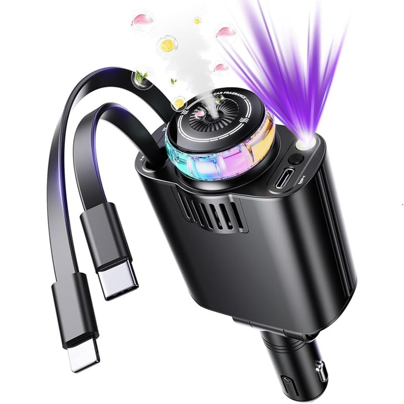 IMG_5938 شارژر فندکی ماشین با کابل جمع شونده لیزرکهکشانی خوش بو کننده هوشمند 5 کاره STARKIGHT CAR CHARGER مدل D1 W&O - تصویر 1